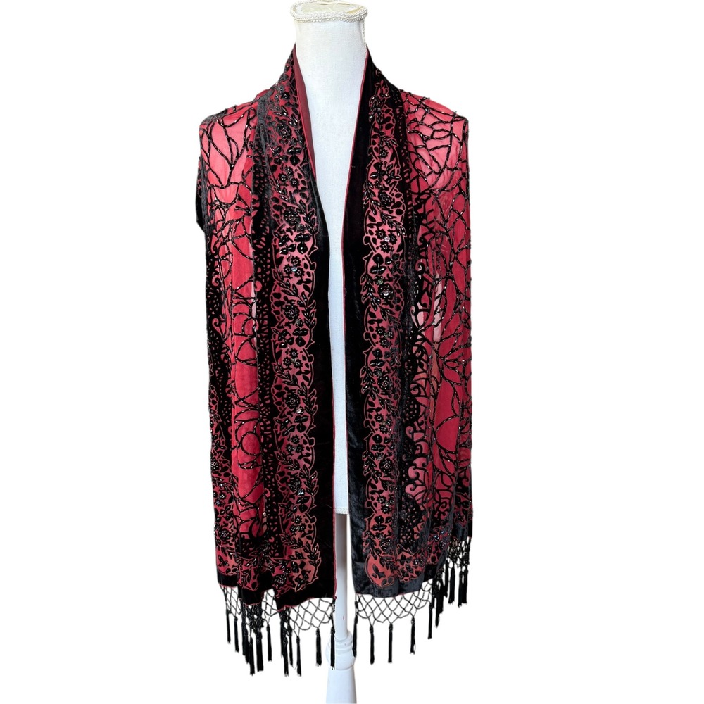 Vintage Rose Red Silk Velvet Burnout Beaded Fringe Shawl Wrap Scarf